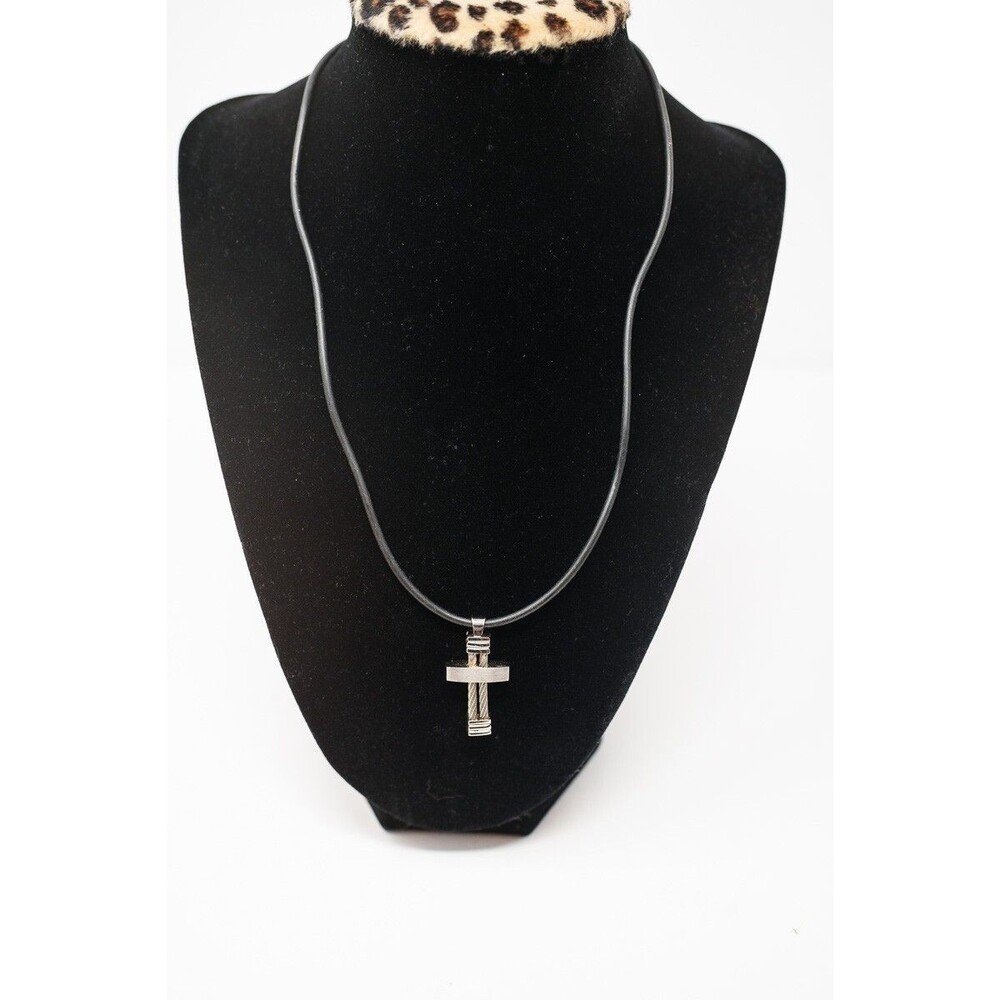 Stainless Steel 316L artisan industrial cross mens unisex silver tone black cord